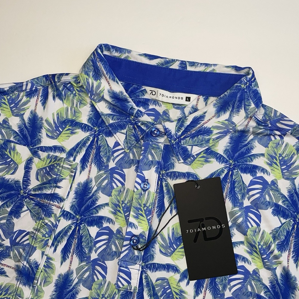NEW 7 Diamonds Golf Polo Mens Large Blue Palmas Tropical 4-Way Stretch‎ Floral